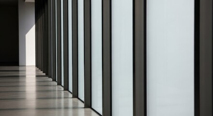 Obraz premium Modern hallway with tall windows casting long shadows on the floor
