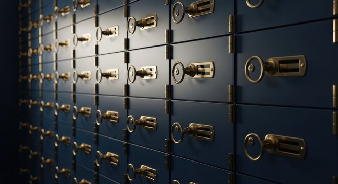 Rows of dark blue safety deposit boxes with brass locks and keys