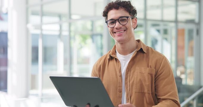 Face, creative and man with laptop in office for career pride, about us and proofreading article. Portrait, male person or smile with pc for editing draft, copywriting ambition and publication agenda