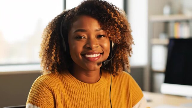 A smiling young Black woman with curly hair, wearing a yellow sweater and headset in an office setting. She is looking at the camera.