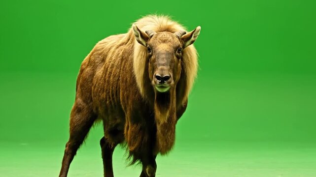 A takin, a large goat-antelope with shaggy brown fur and horns, stands against a vibrant green background, looking directly forward.