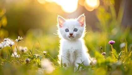 Adorable White Kitten Sitting in a Sunlit Meadow.