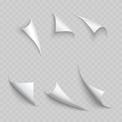 Realistic White Paper Curled Corner Set. Vector Page Peel, Roll and Folded Edge Templates with Shadows.