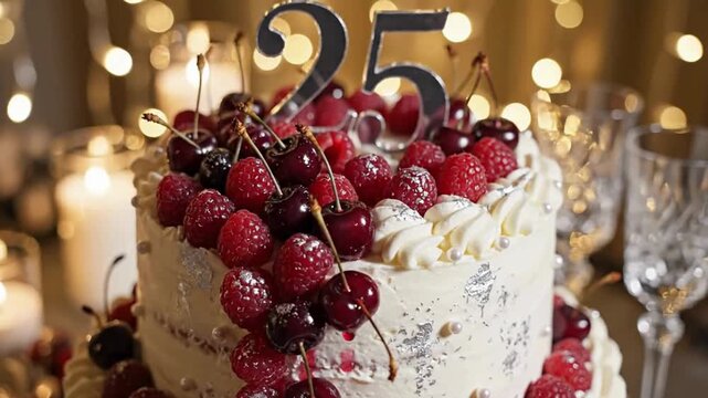 A festive white cake decorated with fresh red berries and a "25" topper, set against a background of blurred lights and candles.