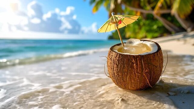 Refreshing coconut cocktail with a decorative umbrella on a sandy beach with ocean background.