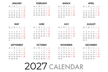 Calendar planner for 2027 Week Starts Monday. Simple Vector Template eps 10.
