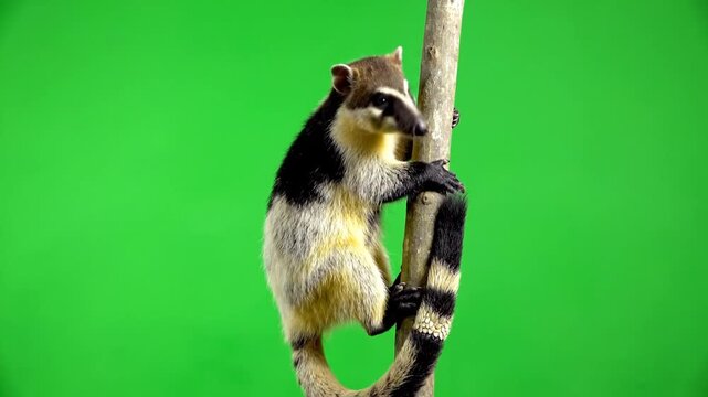 A cute coati with a long snout and striped tail climbing a tree branch against a vibrant green screen background.