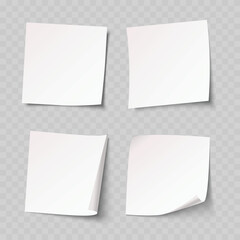 Realistic White Sticky Note Mockup Set. Vector Blank Memo Paper Sticker Template with Curled Corners.