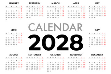 Calendar planner for 2028 Week Starts Monday. Simple Vector Template eps 10.