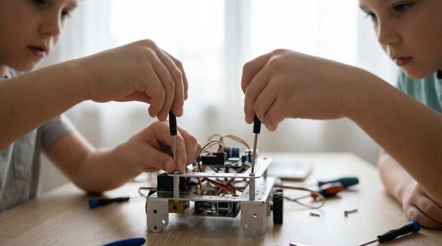 Children Assembling Educational Robot with Screwdrivers &ndash; Hands On STEM Robotics Learning
