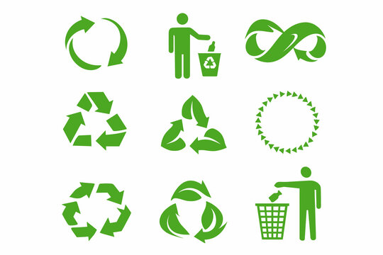 Green recycling symbols collection with circular arrows, recycle triangle, infinity loop, leaf recycle mark, cycle badge and people throwing waste into bin, zero waste concept.