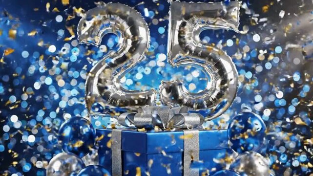Silver foil balloons forming the number 25, surrounded by falling confetti, gift box, and smaller balloons, celebrating an anniversary or birthday.