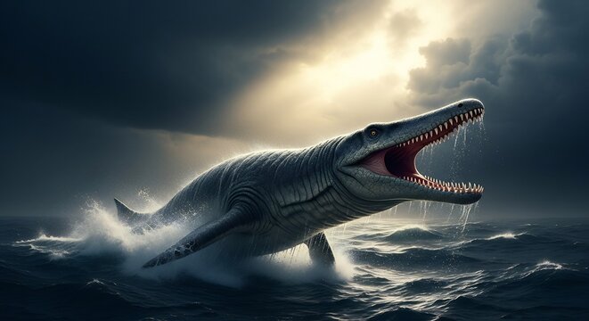 Massive mosasaur emerging from stormy ocean waters