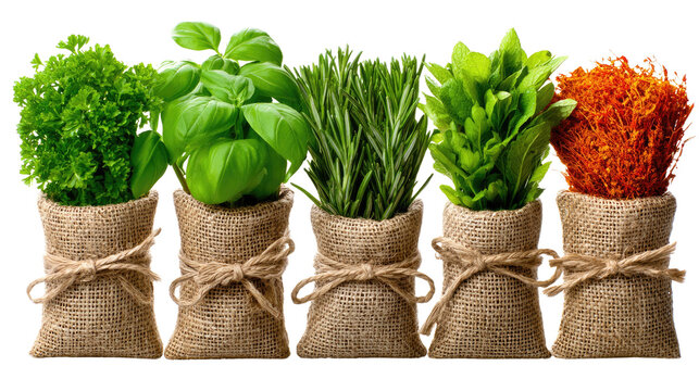 Aromatic Herb Collection: An inviting assortment of culinary herbs, each nestled in rustic burlap sacks tied with twine, evoking the essence of fresh, vibrant flavors and natural beauty.