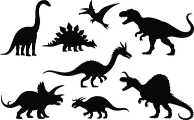 Dinosaur silhouette vector illustration set featuring T-Rex, Stegosaurus, Triceratops, Pterodactyl and Brachiosaurus, prehistoric wildlife collection, Jurassic era animal design. © Beauty