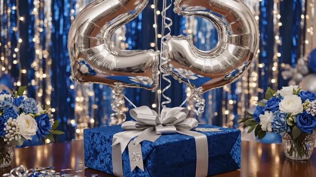 Elegant 25th celebration setup featuring silver balloons, a blue gift box with a silver ribbon, and beautiful floral arrangements.