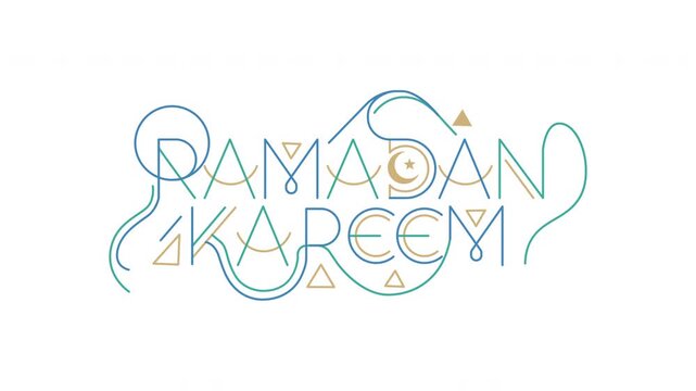 Stylized vector illustration of "Ramadan Kareem" in modern monoline calligraphy. Features geometric shapes, lines, and Islamic symbols (crescent, star) in blue, teal, and gold colors on a soft backgro