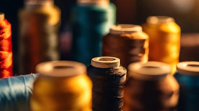 Close-up shot of colorful thread spools, showcasing the art of sewing and craftsmanship.
