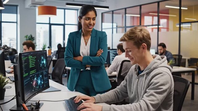 Personable mentor assisting cheerful junior developer programming artificial intelligence logic troubleshooting computer program glitches within modern office workspace