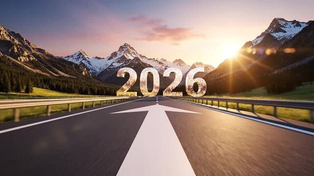 Conceptual path leading towards the year 2026 with a bold arrow pointing forward on an asphalt highway representing future vision, success, progress, and upcoming goals for business planning.