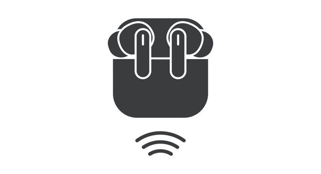 Wireless earbuds icon showing charging case and active signal transmission graphic below