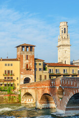Fototapeta premium The Ponte Pietra (Stone Bridge) over the Adige River, Verona