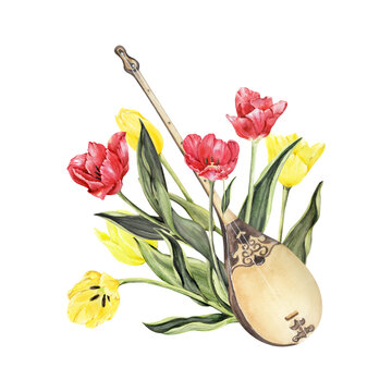 Traditional musical instrument dombra with spring tulips