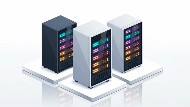 Three isometric server racks stand on white platforms in a bright studio. The racks display colorful glowing lights indicating activity. Minimalist design, technology concept.