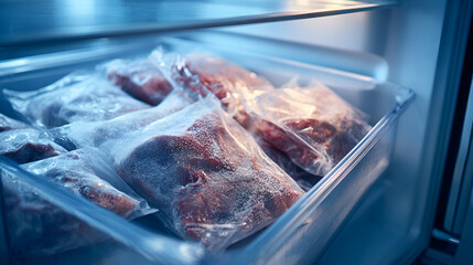 Zamrożone mięso w szufladzie zamrażarki – przechowywanie żywności, mrożenie, zapasy i bezpieczeństwo w kuchni.