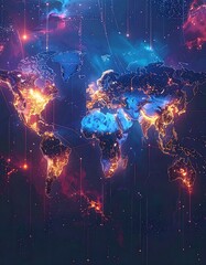 A vibrant, illuminated world map with glowing lines