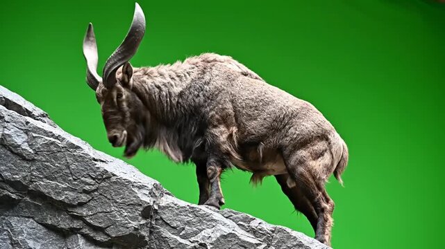 A majestic markhor goat with large spiraling horns stands on a rocky cliff against a vibrant green screen background.