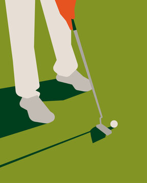 Close-up flat illustration of a golfer's feet and putter hitting a golf ball on the green.