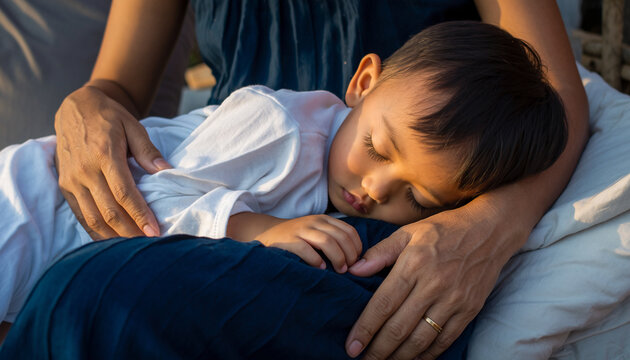 A young boy sleeping peacefully in someone's arms.