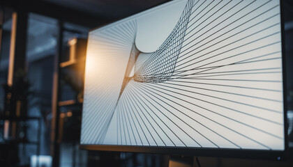 Obraz premium Close-up of a modern digital screen displaying a wireframe architectural design.