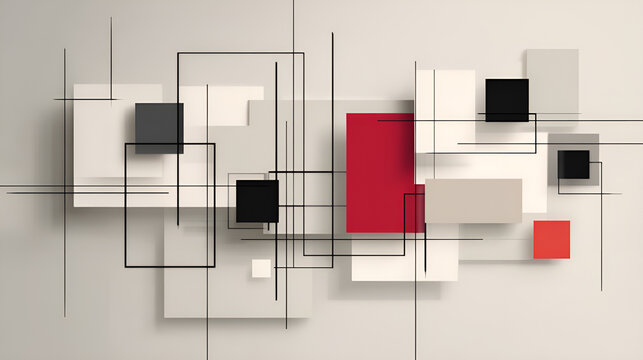 Abstrakcyjna kompozycja geometryczna z prostokątami i liniami w nowoczesnym stylu.