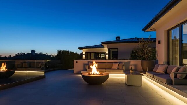Modern Backyard Terrace with Fire Pit Centerpiece at Twilight