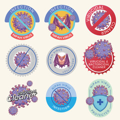 Nipah Virus Awareness and Virucidal Cleaner Label Set - Medical Infection Prevention and Disinfectant Symbols