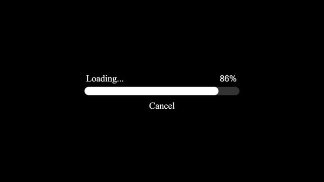 Digital interface showing a progress bar with loading text and a cancel option button on black screen