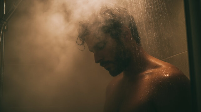 A man is standing in a shower with steam