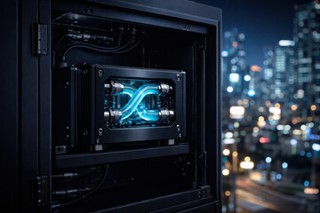 Futuristic edge technology device showcases vibrant blue lights, symbolizing AI and automation in modern urban setting