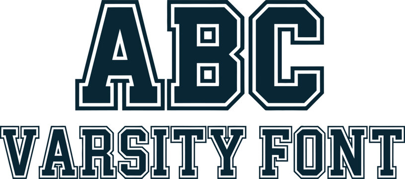 Navy Blue Varsity Font Display Featuring ABC Block Letters in Collegiate Slab Serif Style with White Outlines for Athletic Team Branding and Sportswear Design