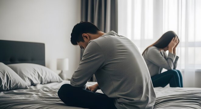 Sad Couple Having Relationship Problems and Conflict in Bedroom