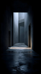 Fototapeta premium Minimalist dark industrial hallway with dramatic light reflections on wet floor