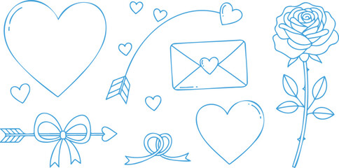 Hand Drawn Love Doodle Icon Set with Hearts, Rose, Envelope and Bow