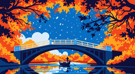 Serene vector illustration of a bridge over water with a gondola under autumn trees and falling snow © PDWN Creative
