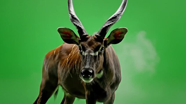 Close-up of a majestic bongo antelope with large spiraled horns standing against a vibrant green screen background.