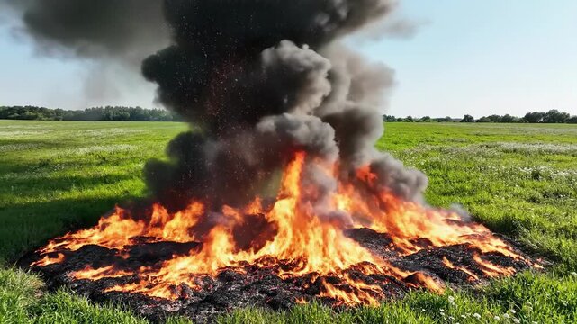 Controlled burn in open field with flames and smoke plumes