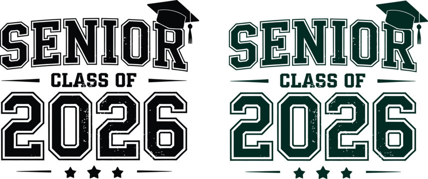 Senior Class of 2026 Graduation Typography Set Featuring Collegiate Block Lettering with Mortarboard Cap and Stars for Commemorative Apparel Design