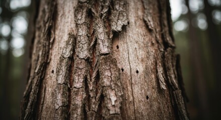 Obraz premium Close-up of a textured tree trunk with details of bark in focus, blurred forest backdrop