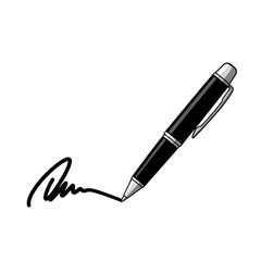 A black pen with silver accents writing a signature on a white background.
